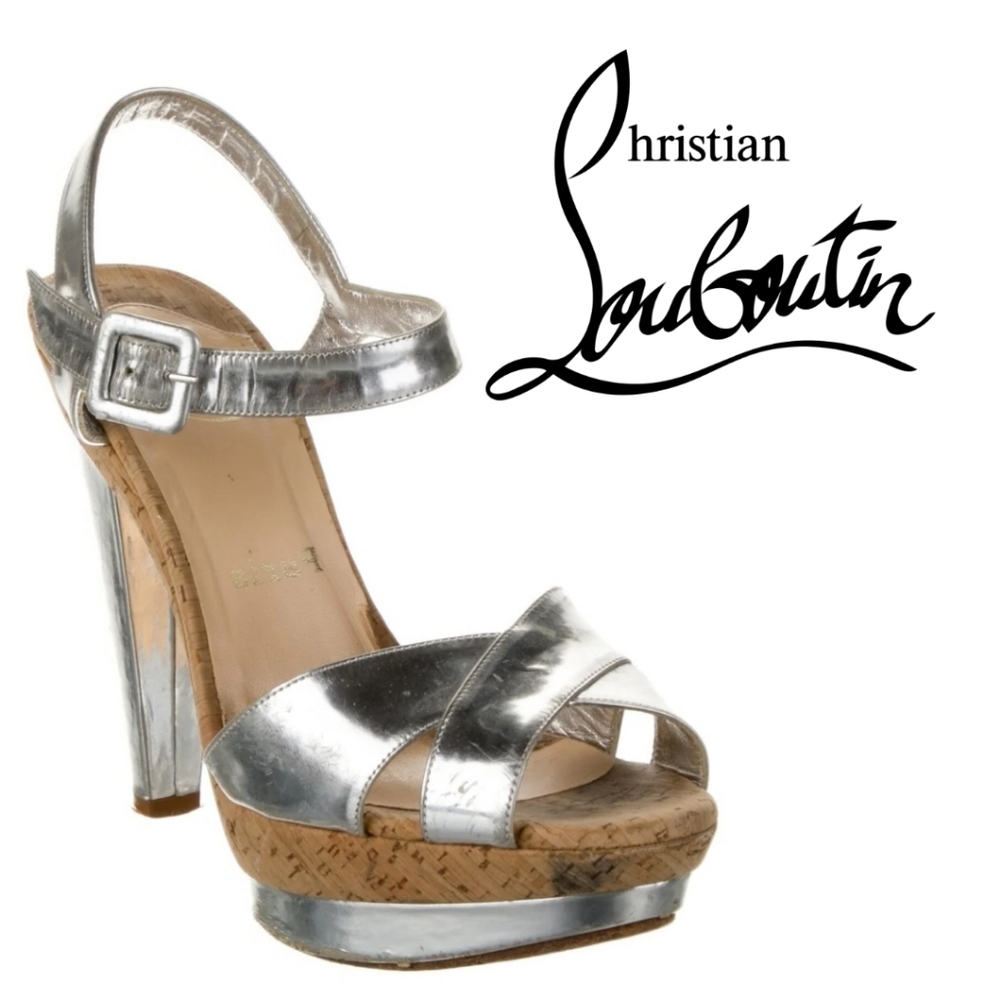 Christian Louboutin Silver & Cork Leather Platform Heels 7 - Picture 6 of 11